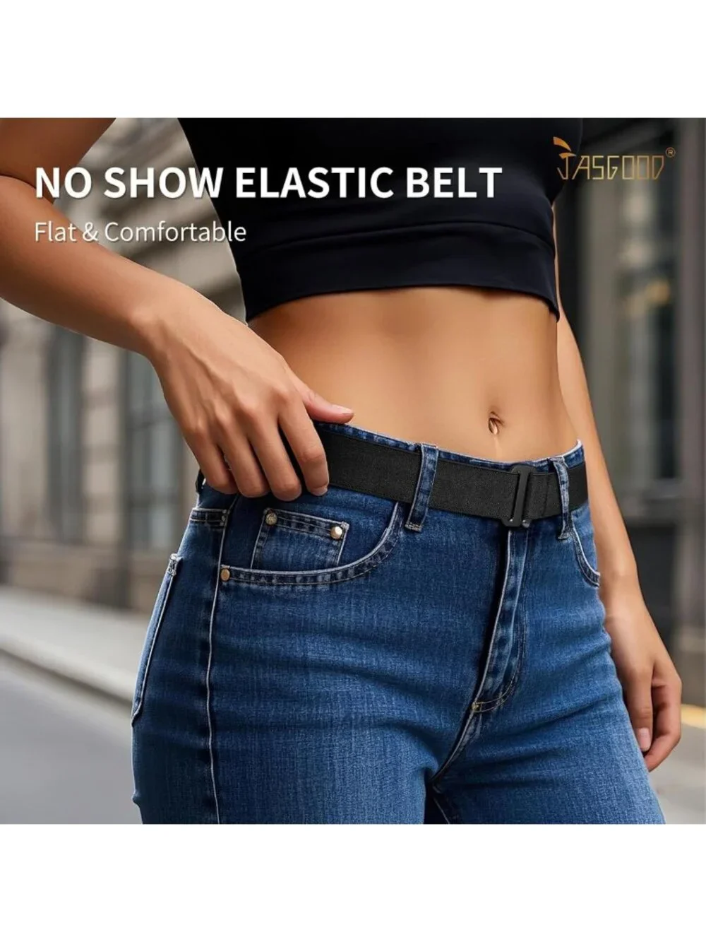 No Show Stretch Belt for Women - Elastic Web Strap with Flat Buckle for Jeans